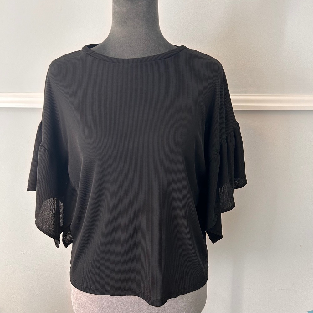 Zara Woman Basic Black Ribbed Ruffle Flutter Sleeve Top Small - Picture 9 of 10